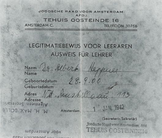 Teacher certification issued by the Jewish Council of Amsterdam to art historian Albert Heppner